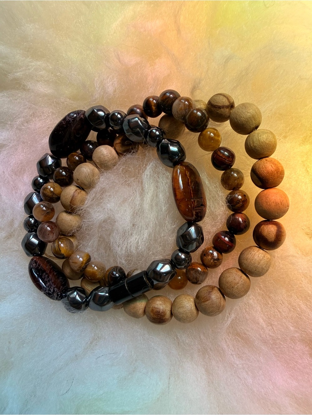 Natural Brown & Black Wood and Stone Bead Stretch Bracelet Set